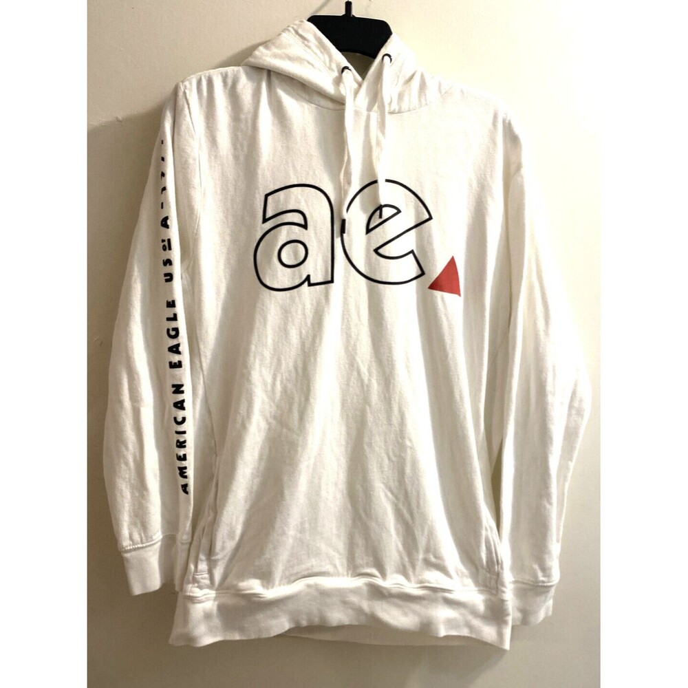 American Eagle Hoodie Mens M White AEO 1977 Black Graphics Pullover Sweatshirt